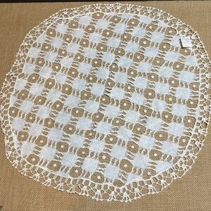 VTG Linen Drawn Pulled Thread Embroidery Lace‎ Doily NEW NWT Crochet border 19"